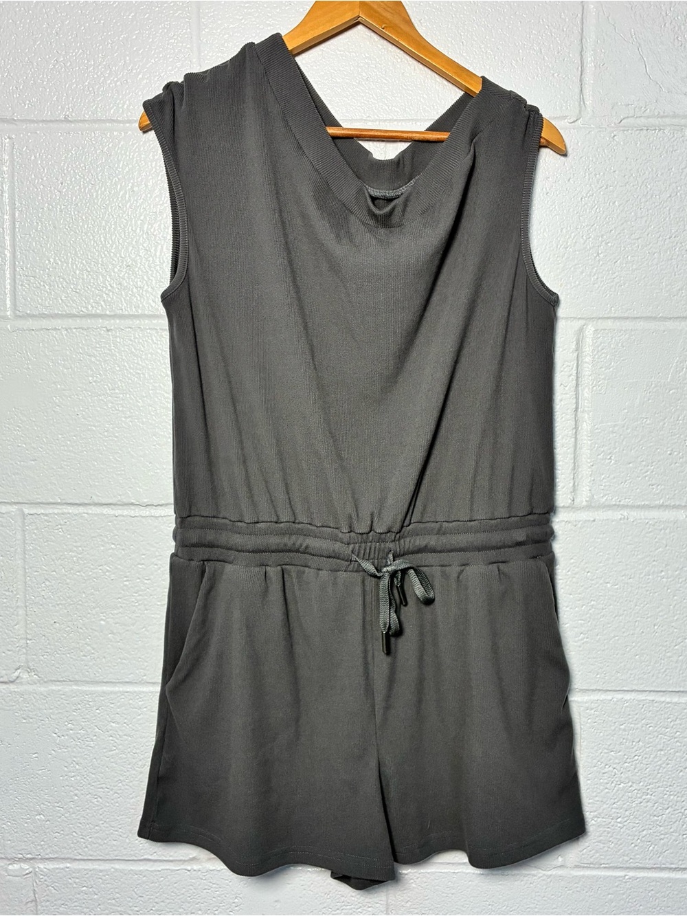 Cider Asymmetrical Drawstring Waist Romper in Charcoal Gray